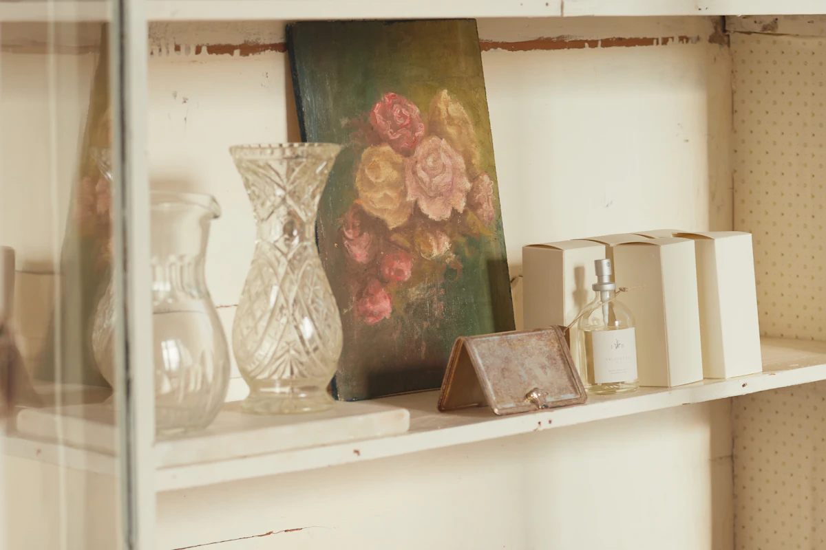 Vases, baskets and home accessories on a cabinet
